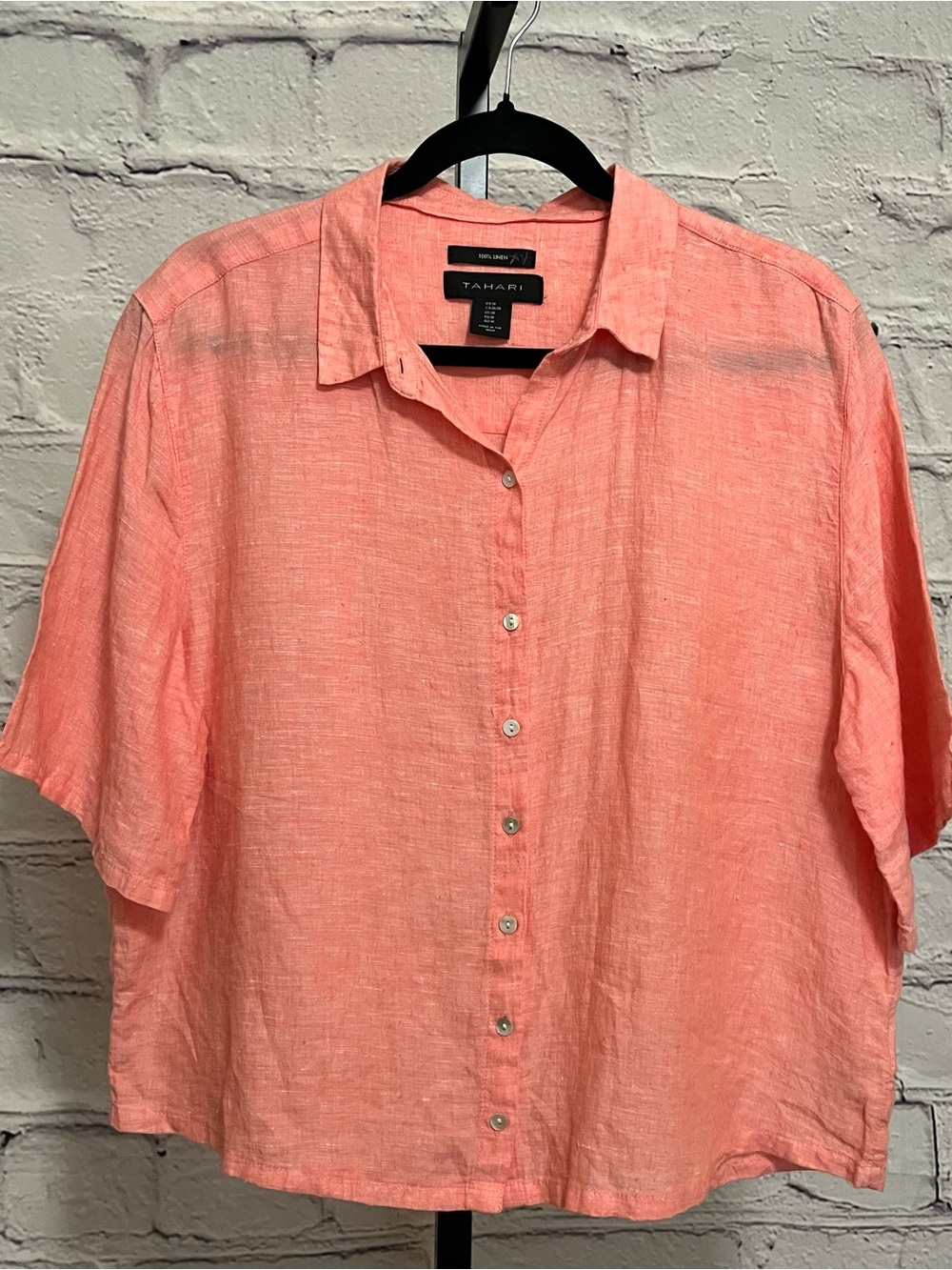 Tahari Short-Sleeve Button-Front Short Sleeve Coral Orange Salmon Shirt